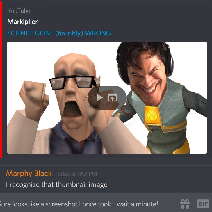 SlappyCromwell's tweet photo. This Markiplier thumbnail image seemed familiar to me, and then I realized it's actually now the first Google image search result.
It is my thoroughly biased opinion that this is the finest image to represent Black Mesa's, neigh, all scientific minds from here on. #dargh #stahp https://t.co/aIeHpQlcMp