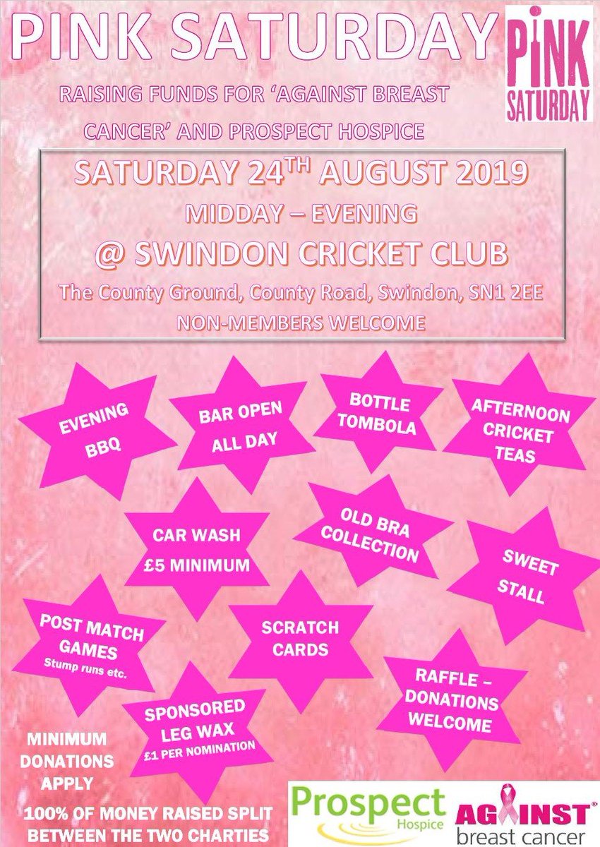 A reminder that Swindon CC 'PINK Day' is this Saturday. We will be raising funds for two locally based charities, 'Against Breast Cancer' and 'Prospect Hospice'.

Full event details here: facebook.com/events/3556908…

NON-MEMBERS WELCOME

We look forward to seeing you on the day.