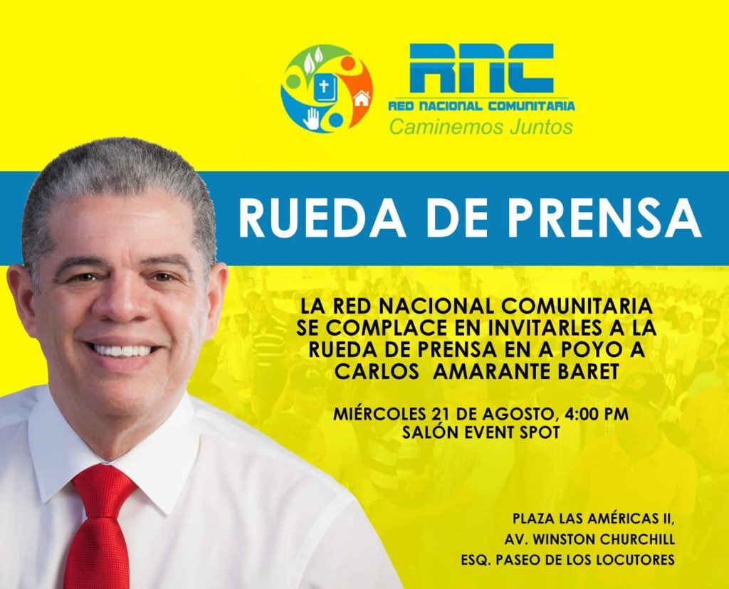 [ESTA TARDE] La Red Nacional comunitaria tendrá rueda de prensa en apoyo a las aspiraciones presidenciales de <a href="/CarlosAmaranteB/">Carlos Amarante Baret</a> 
🗓: Miércoles 21 de agosto 
⏰: 4:00 p.m. 
📍: Even spot- Plaza las Américas
#AmarantePresidente