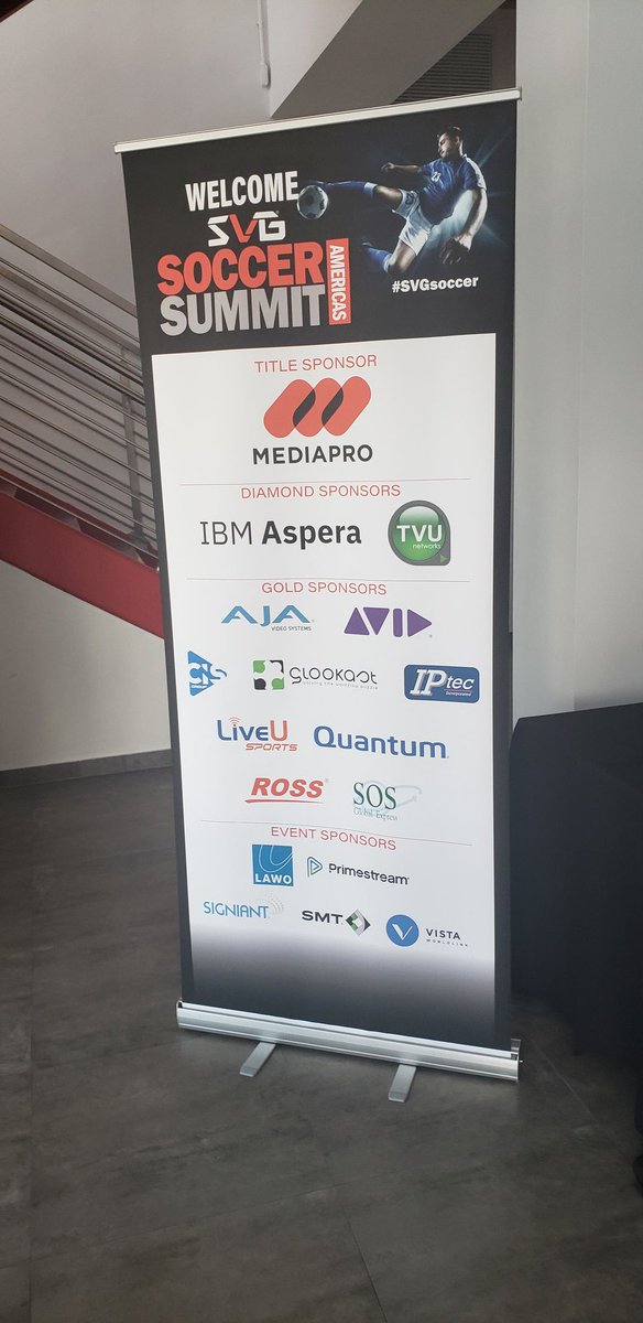 AndrewGabelSVG's tweet photo. BIG thanks to @MediaproUS for hosting the first annual SVG Soccer Summit and all of today's sponsors @asperasoft @TVUNetworks @AJAVideo @Avid @CISGRP @GLOOKAST @IPtecInc @LiveU @QuantumCorp @ross_video #sosglobal @lawo @primestream @Signiant @TestSMT @VISTAWorldlink #SVGsoccer https://t.co/j0YIY3tsIy
