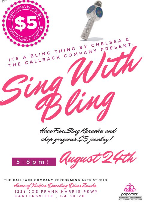 We're excited to be partnering with #ItsABlingThing by Chelsea for a "Sing With Bling" jewelry and karaoke event this Saturday, 5-8pm, at our Cartersville studio. No-pressure shopping with gorgeous $5 jewelry and the sing-alongs provided by us! Hope we'll see you there!