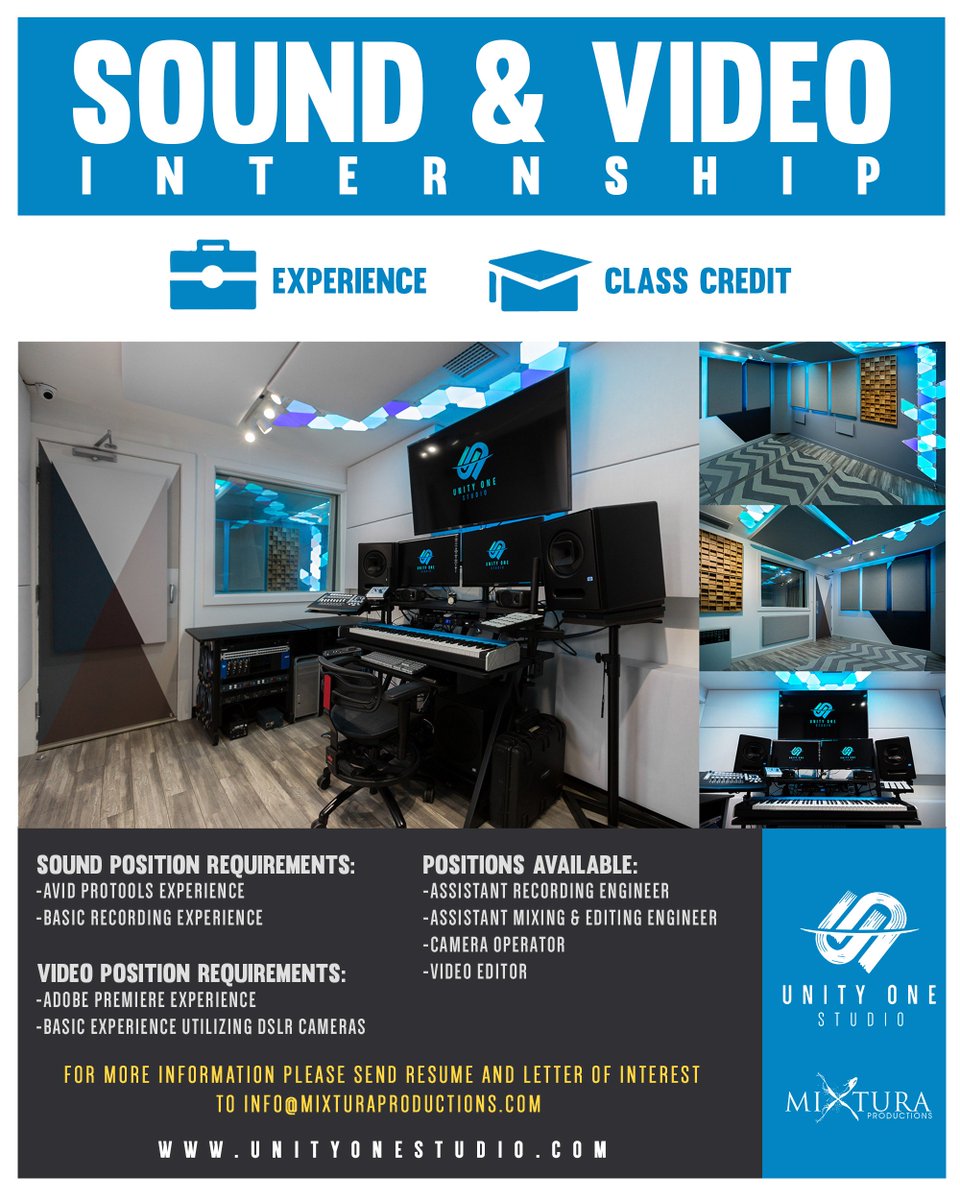 UnityOneStudio's tweet photo. Internship positions open our studio! Gain experience and earn class credit. If interested please send your resume and a letter of interest to info@mixturaproductions.com thank you! #Internship #musicstudent #recording #studio #studiolife #miami #sound #audio #video https://t.co/kWmFc69tYr