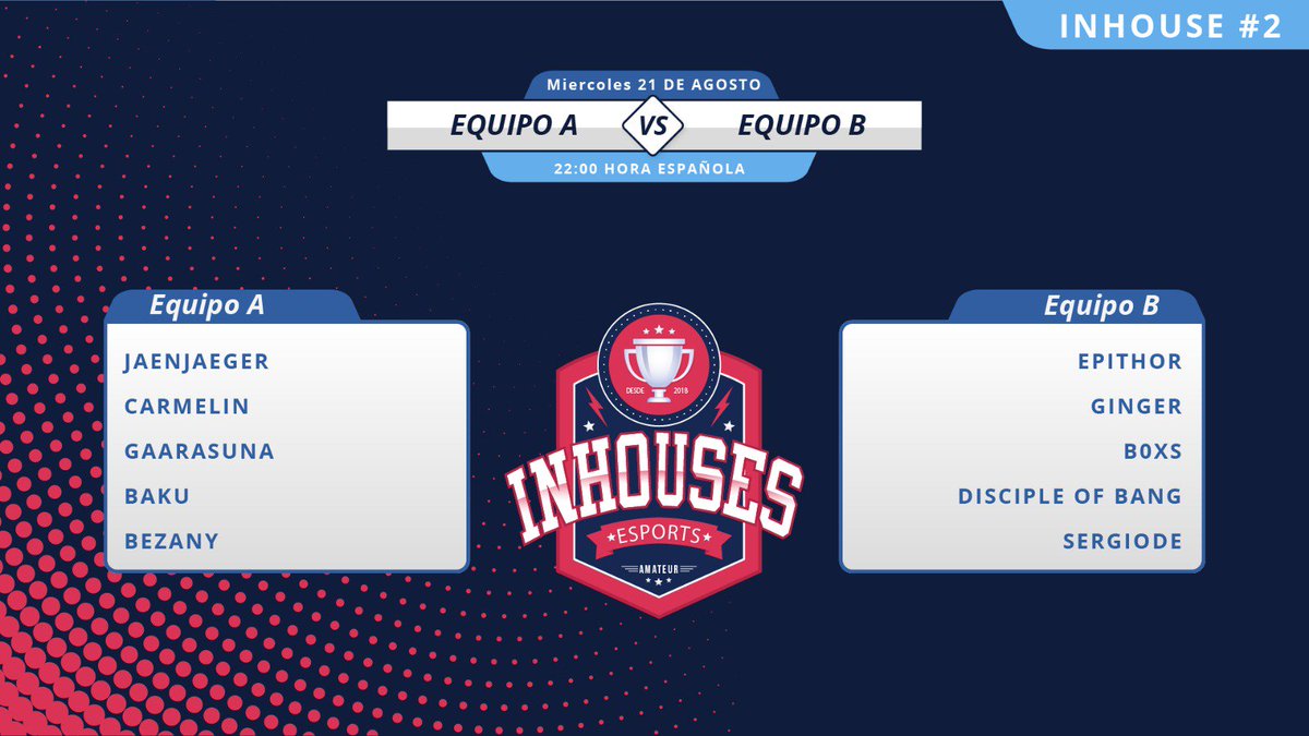 InHousesSpain's tweet photo. ¡Aquí tenemos la segunda inhouse del día!

Equipo A
@theoriginaljaen
@carmeloml2000
@gaarasunaa 
@BakugxD
@bezany_ 

Equipo B
@EstebanJ98
@aitorgm27
@boxslol
@DiscipleOfBang 
@SergiodFrutos https://t.co/C90rmObWNS