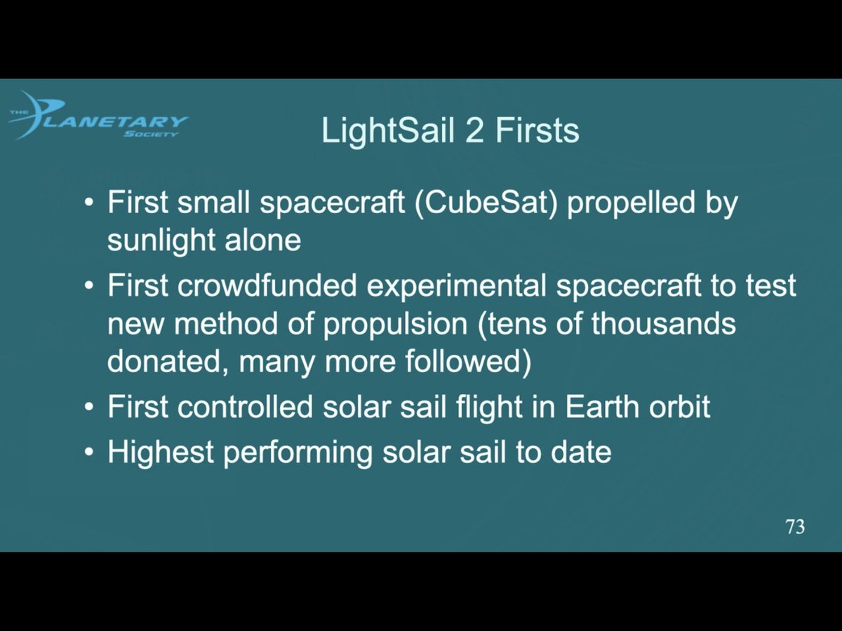 FNGhadaki's tweet image. Bruce Betts of @exploreplanets:

#LightSail2 a success!
- 1st small spacecraft (#CubeSat) propelled by sunlight alone
- 1st #CrowdFunded experimental spacecraft to test new propulsion method
- 1st controlled solar sail flight in Earth orbit

#SUGlobalSummit