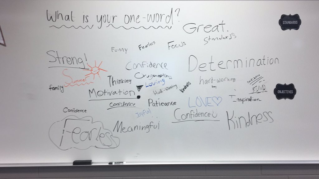 ms_goralski's tweet photo. Today was the first day! I asked Ss to think of one word that would be their  “theme” for the year. Here’s what we came up with! I love that students wrote #fearless. I say, let’s all be fearless together! #Learntogether304 #Geneva304 https://t.co/GD1xGTtwSe