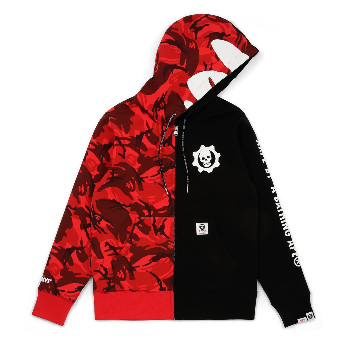 AAPE Gears hood with Red Camo on the left half and solid black on the right with a white Omen