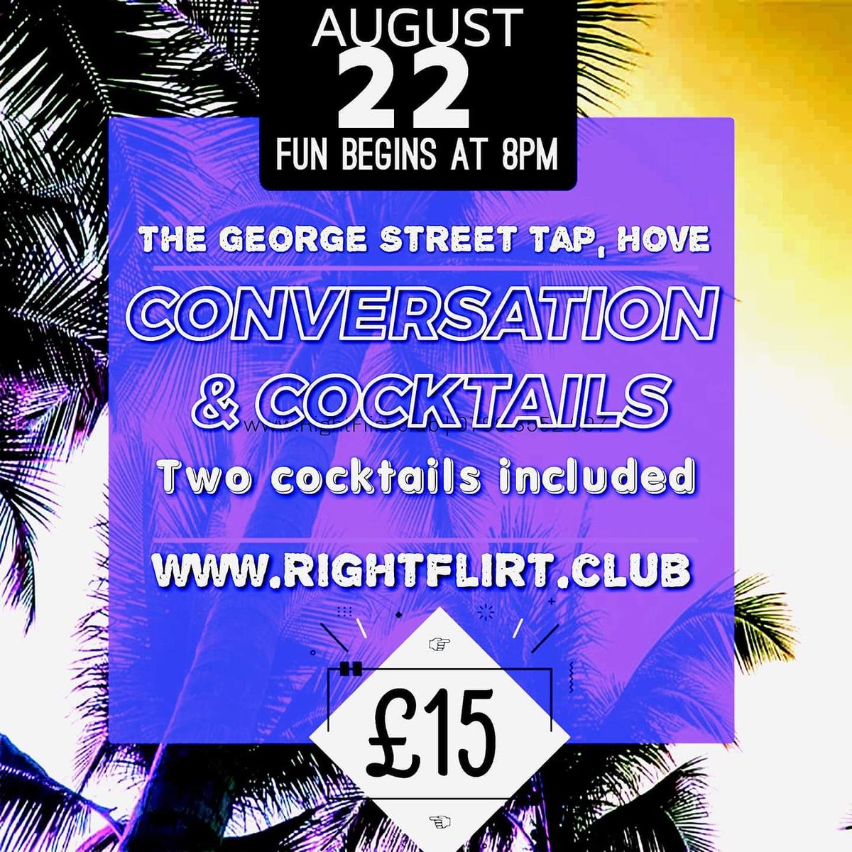Forget #swiping this Thursday (22 August) as #flirting is more #fun with #cocktails.
#Sussex #Singles event, which includes two #cocktails in £15 #ticket price, at George Street Tap #Hove for #Conversation &amp; #Cocktails Singles Mixer (8pm).
Info &amp; tickets  RightFlirt.club