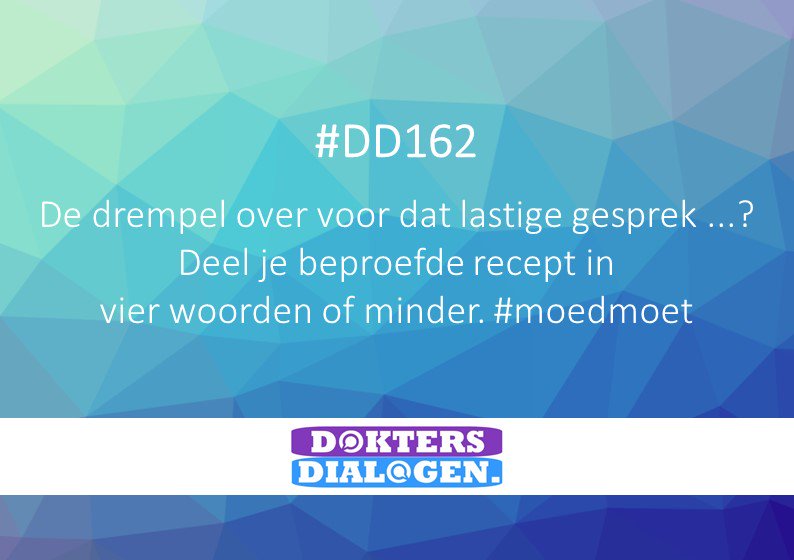 doktersdialogen's tweet photo. De drempel over voor dat lastige gesprek ...? Deel je beproefde recept in vier woorden of minder. #moedmoet Deel je antwoord met #DD162 en ook via https://t.co/xWRbalkspK https://t.co/oN53ypE3pd