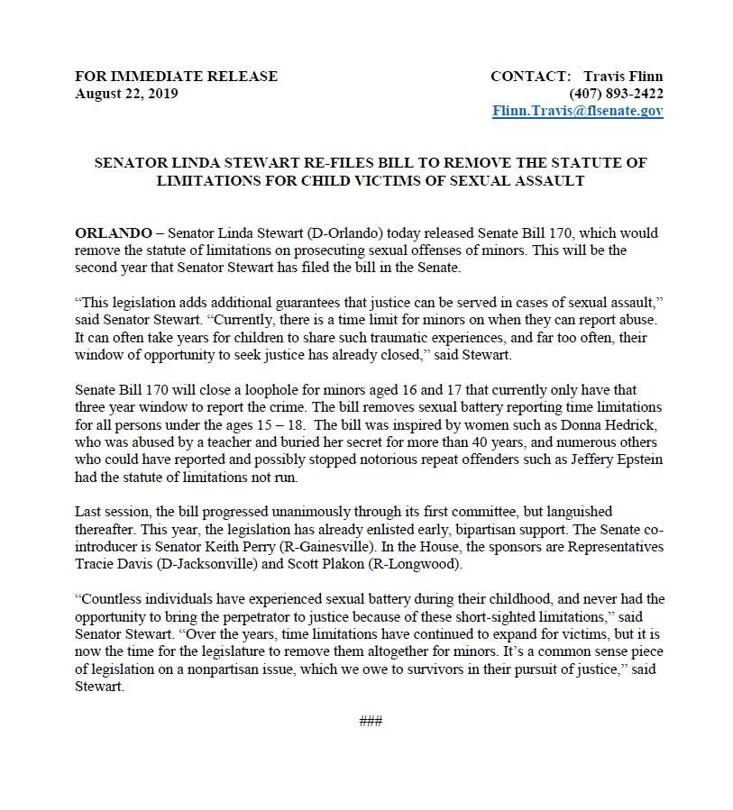 LindaStewartFL's tweet photo. It’s a common sense piece of legislation on a nonpartisan issue, which we owe to survivors in their pursuit of justice,” said Stewart.
#district13 #Session2020 #SB170 #HB69 https://t.co/Bbyk3YQVmd