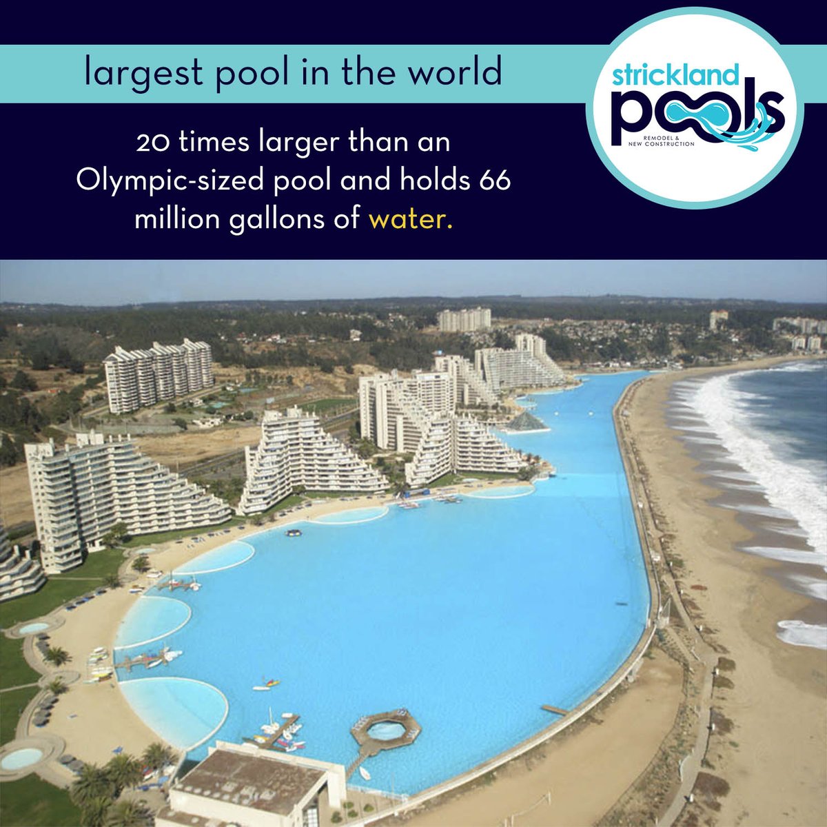 Fun Fact: The largest swimming pool in the world is located at the San  Alfonso del Mar resort in Albarrobo, Chile, measuring 20 times larger than  an Olympic-sized pool and holding 66, image size:1200x1200