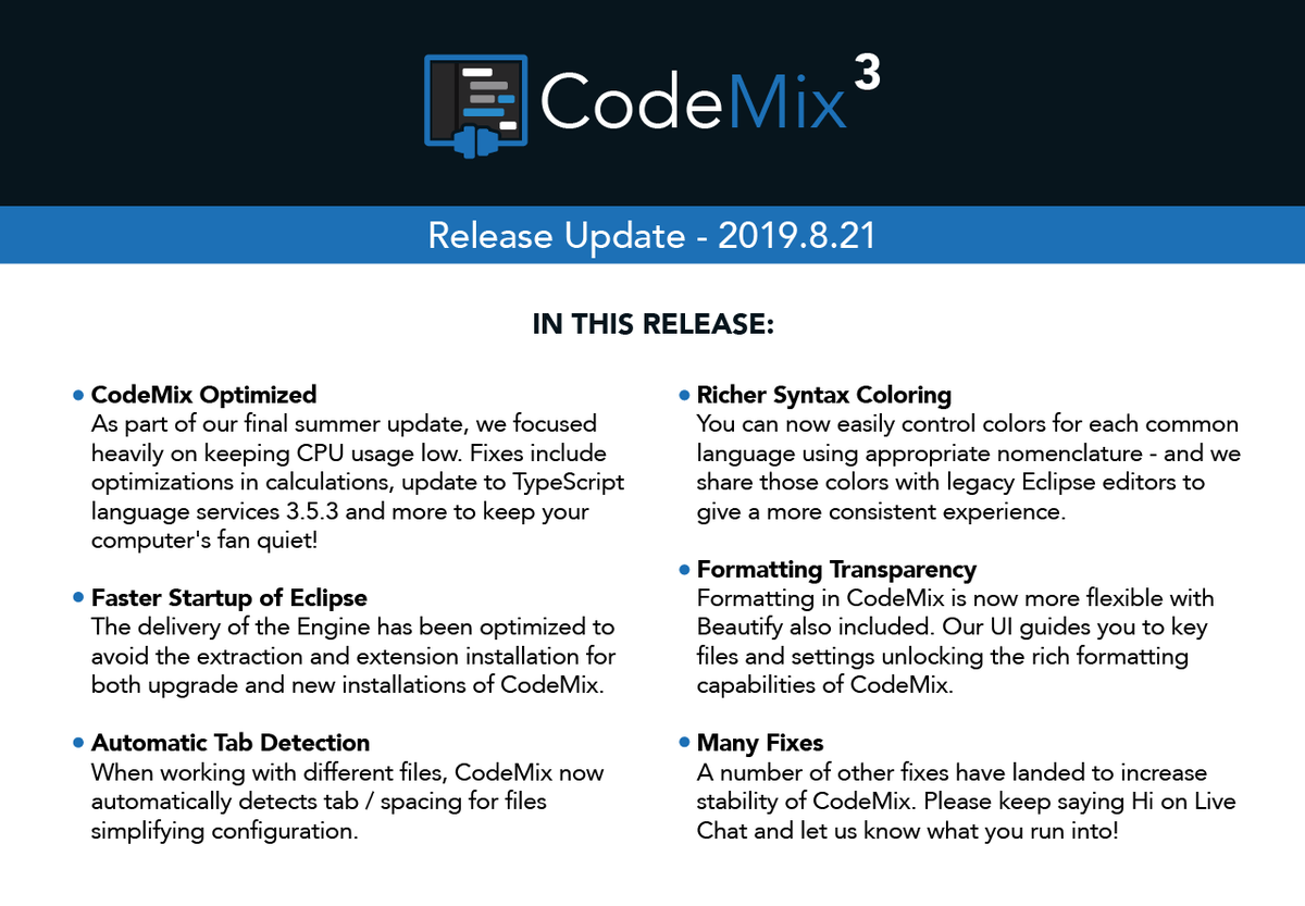 codemixide's tweet image. CodeMix release 2019.8.21 is out!! 🥳 We are happy to report strong improvements in this release, including CPU utilization performance, richer syntax coloring, and more! Learn more here: genuitec.com/tox/codemix-20…