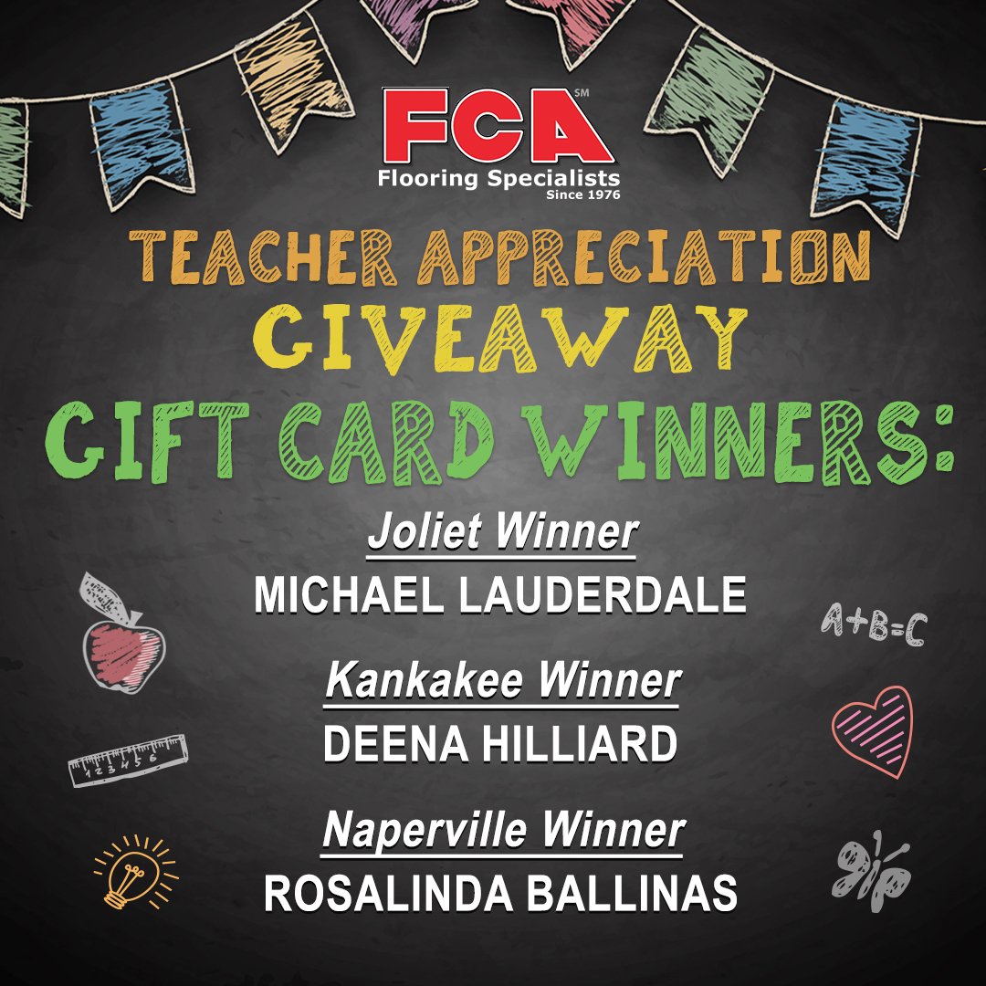 fcaflooring's tweet photo. 🎉 Congratulations to all the winners from our Teacher 🍎 Appreciation Giveaway! We're honored for your participation and look forward to seeing you again soon.  👨‍🏫Have a wonderful school year! https://t.co/cfaM0OFOhA