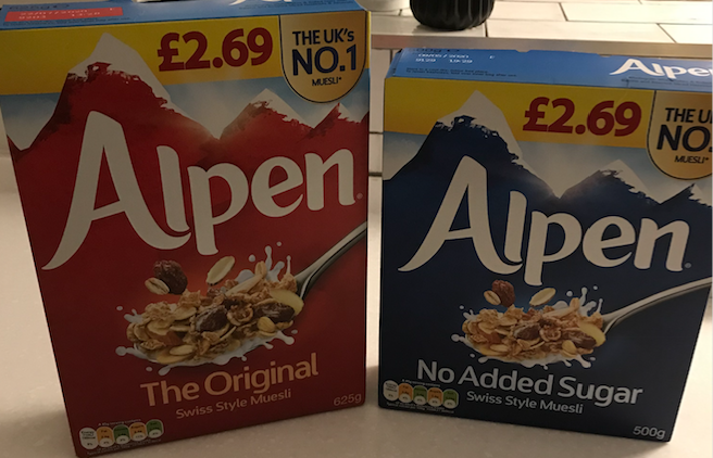 Tomorrow will try No Added Sugar Alpen for breakfast to see if my sugar spikes any less than with the Original version I ate todayOriginal Alpen has 66g carbs (21g sugar)/100g. No added sugar Alpen has 63g carbs (16g sugar) - not much lessBoth have wheat, oats and raisins