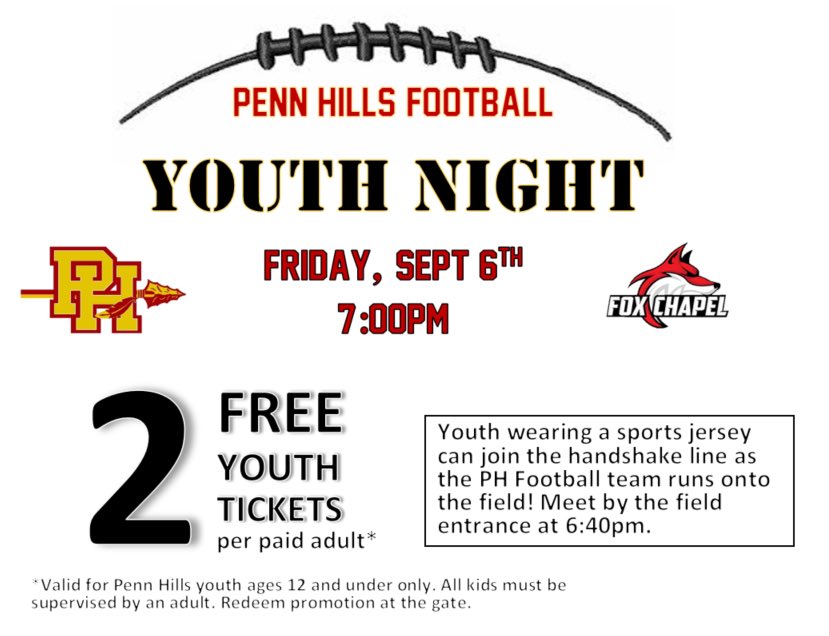 YOUTH NIGHT is around the corner! See you at the home opener on Sept 6th vs. Fox Chapel!