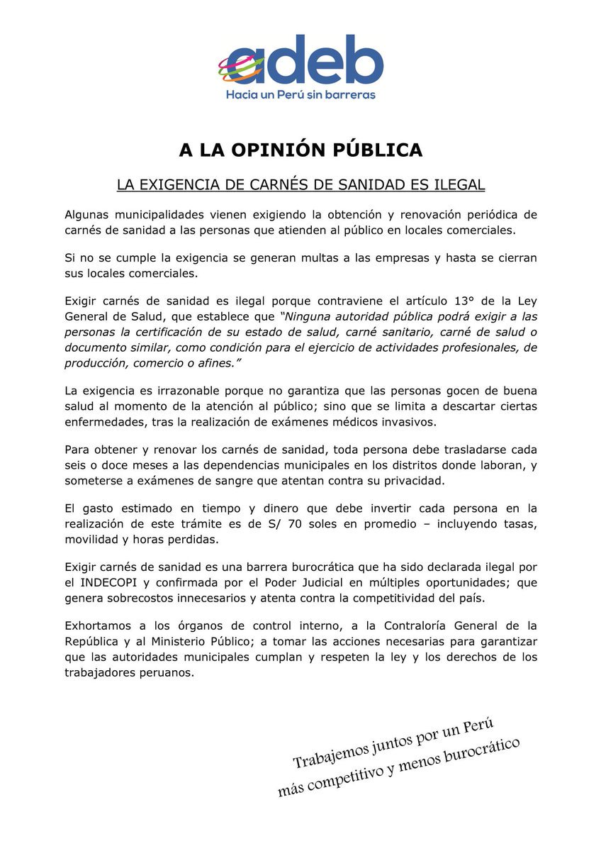 CONFIEP's tweet image. Compartimos el reciente comunicado de la Asociación de Eliminación de Barreras Burocráticas  (@adeb_peru) sobre ilegalidad que cometen algunas autoridades municipales al exigir carnés de sanidad a personas que atienden al público en locales comerciales.
#Adeb #BarreraBurocratica