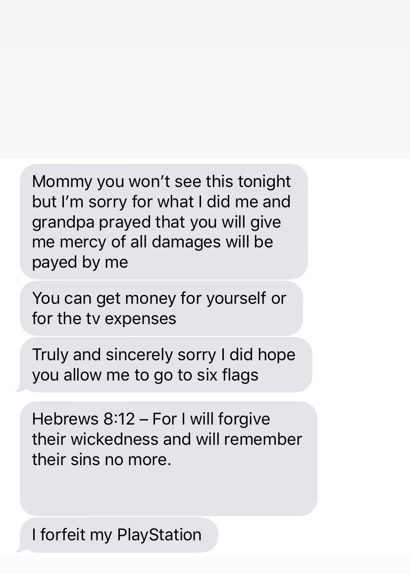 jameelsmom05's tweet image. My son got mad at his game and cracked his television screen. This is the text he sent me...