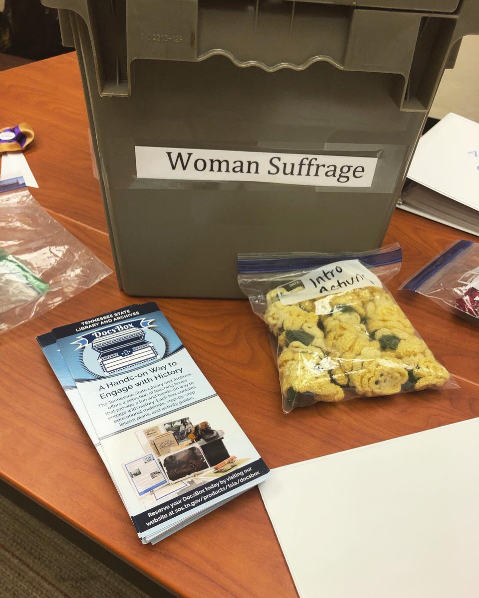 tnwoman100's tweet photo. Our volunteers are helping the TN State Library and Archives with items for their DocBoxes. DocBoxes get sent to teachers at their request to help teach the story of woman suffrage in Tennessee. For more information, check out the educator resources tab on our website. https://t.co/rxXTFnSDzs