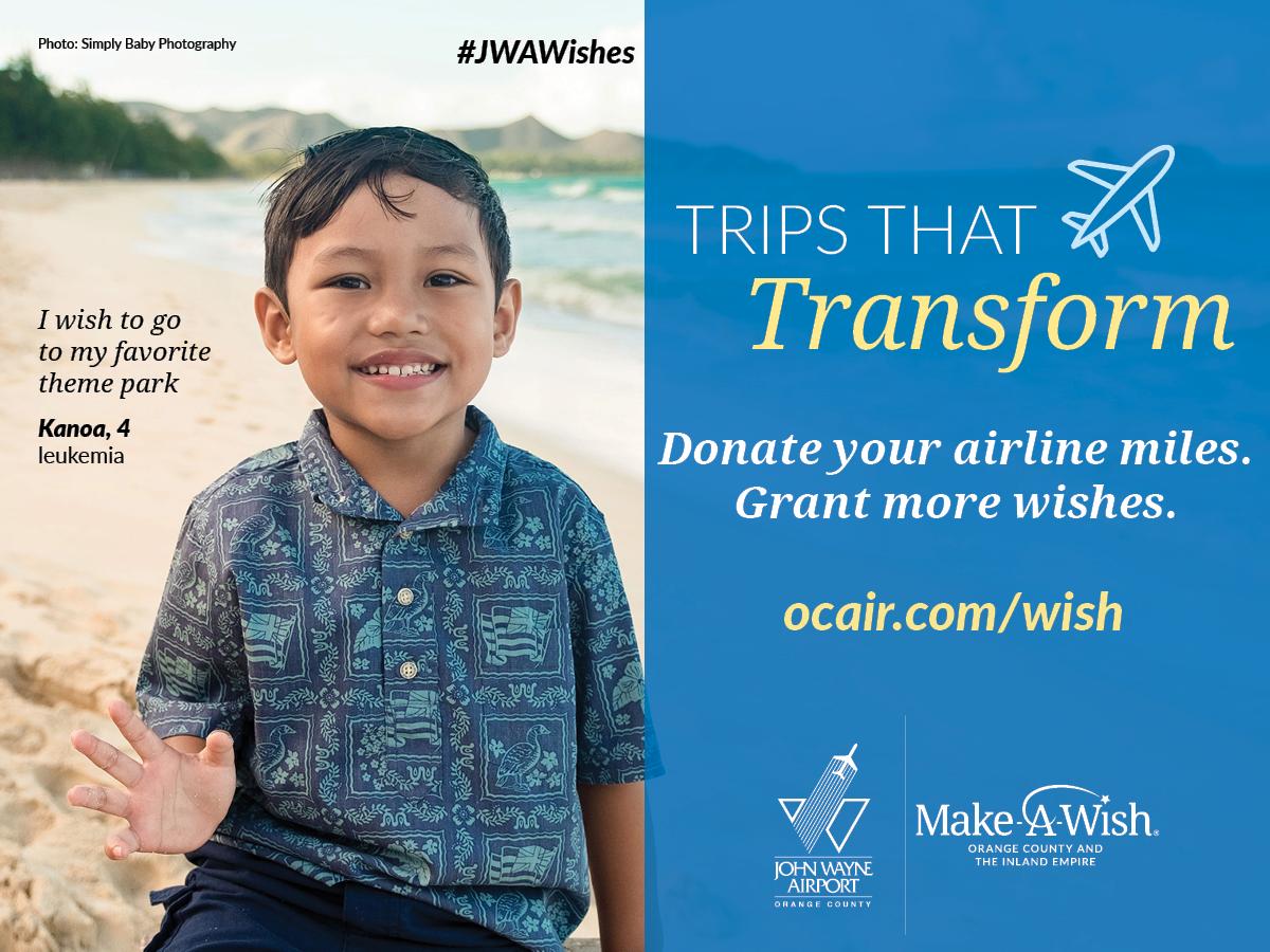 JohnWayneAir's tweet photo. Help grant travel wishes to @MakeAWishOCIE children by donating unused, low balance or soon-to-expire
@AmericanAir @Delta @JetBlue @SouthwestAir or @united miles. Once donated, airline miles never expire. Donate online at https://t.co/0g96c6nbFE. #JWAWishes #tripsthattransform https://t.co/pApMepT7X8