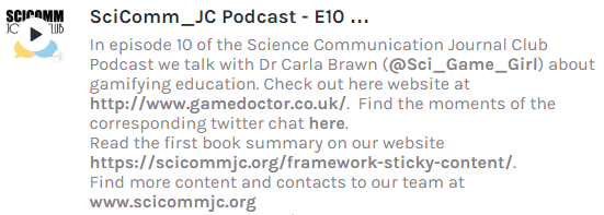mariyav_phd's tweet photo. Our latest @scicomm_jc  podcast episode is out!! 🎉Topic: gamification of science learning. Thank you for joining as our special guest, @GameDrLtd ! 🤓🎮https://t.co/o8DhbDgz0i
#scicomm #gamification #scigames #seriousgames #scicommjc https://t.co/smF88pPNyw