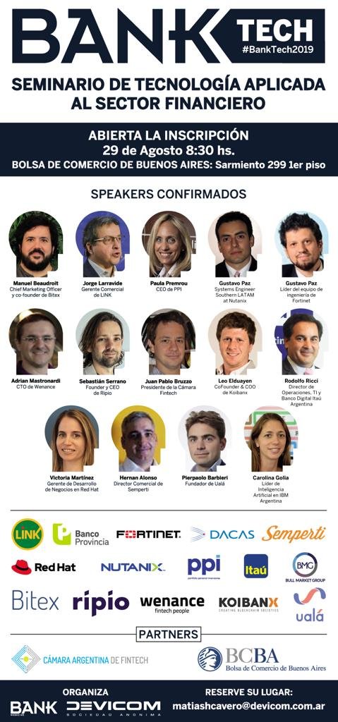 bankmagazine's tweet photo. Seminario de tecnología aplicada al sector financiero
🗓 29 de Agosto 8:30 hs.
👉 Inscripciones: https://t.co/FuI5vD7OuH… 
📍 Bolsa de comercio de Buenos Aires: Sarmiento 299
💻 https://t.co/7egFPMqJ0Y 
#BankMagazine #BankTech2019 #SeminariosBank https://t.co/ftQjt38cwx