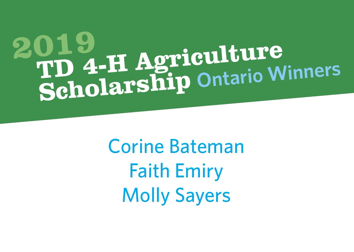 4HOntario's tweet photo. Congratulations to all the recipients of the TD 4-H Agriculture Scholarship! Join us in celebrating the three winners from Ontario! #youthinAg #4His4me #4Hforever #agscholarship https://t.co/ar9klKY1u2