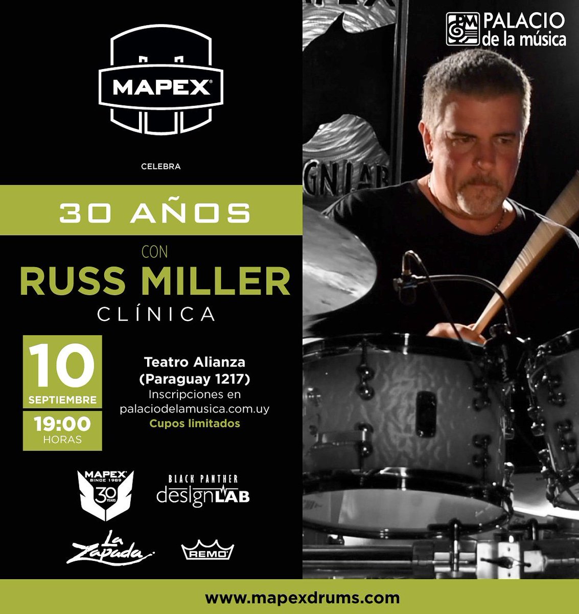 pdelamusica's tweet photo. ⚠️Atención bateristas y músicos en general!, @russmillerdrums llega a Uruguay de la mano de @MapexDrumsUSA  festejando sus 30 años❗10 de setiembre, 19 horas Teatro Alianza,Inscripción gratuita en https://t.co/QacRgzVTcL
CUPOS LIMITADOS‼️ #mapex #drummer #russmiller https://t.co/K9eih4PsR9