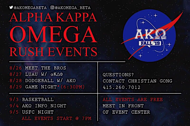 AKOmegaBeta's tweet photo. Fall ‘19 rush is almost here! We’ll begin tabling next Monday (8/26) until (9/3) from 9am - 2pm on 7th street. Slide through and get to know some of our bros 🤘🏻 https://t.co/Q4nYCOAxMi