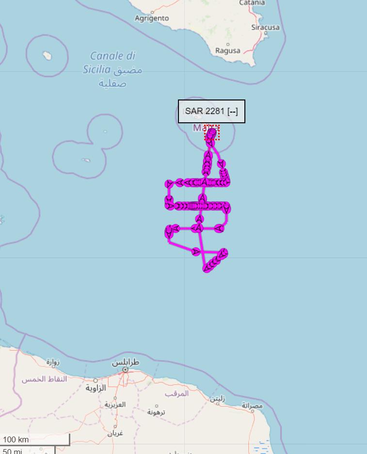 scandura's tweet photo. @RadioRadicale 6โฃ
2019-08-21
1809z โฑ๏ธ 20:09 CEST
๐AFM ๐ฒ๐น AW139 #AS1429 completed the ISR flight over SAR areas, tracked as "SAR 2281" by ๐ก maritime AIS RX stations.
1715z until ๐ 86 nm ๐งญ N Khoms (Libyan SRR).
#migrants #Libya #migranti #Libia https://t.co/CCGctKPJZl