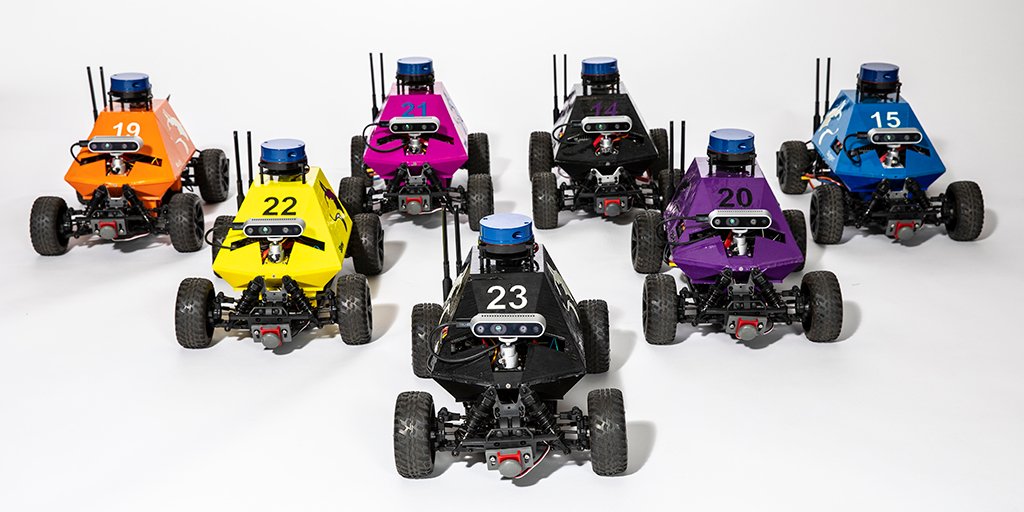 Fleet of seven MuSHR robotic race cars in different colors