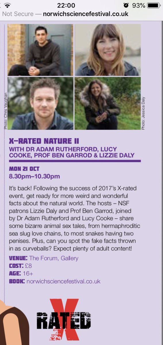 Ben_garrod's tweet photo. So yes, while it is true that Iโm having a chit chat with @JaneGoodallUK at the @NorwichSciFest the BIG event really is X-rated Nature II ... join me, @LizzieRDaly @mslucycooke and @AdamRutherford ... if you like nature ... but also have a bit of a filthy mind, then come along https://t.co/52JtrllmeI
