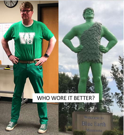 Mr_S_Murphy's tweet photo. It was so good to have all the students back today.  The halls were filled with staff all dressed in their green #LifeintheW shirts and smiling students. BTW you can never wear too much green. https://t.co/dAImnLJLyv