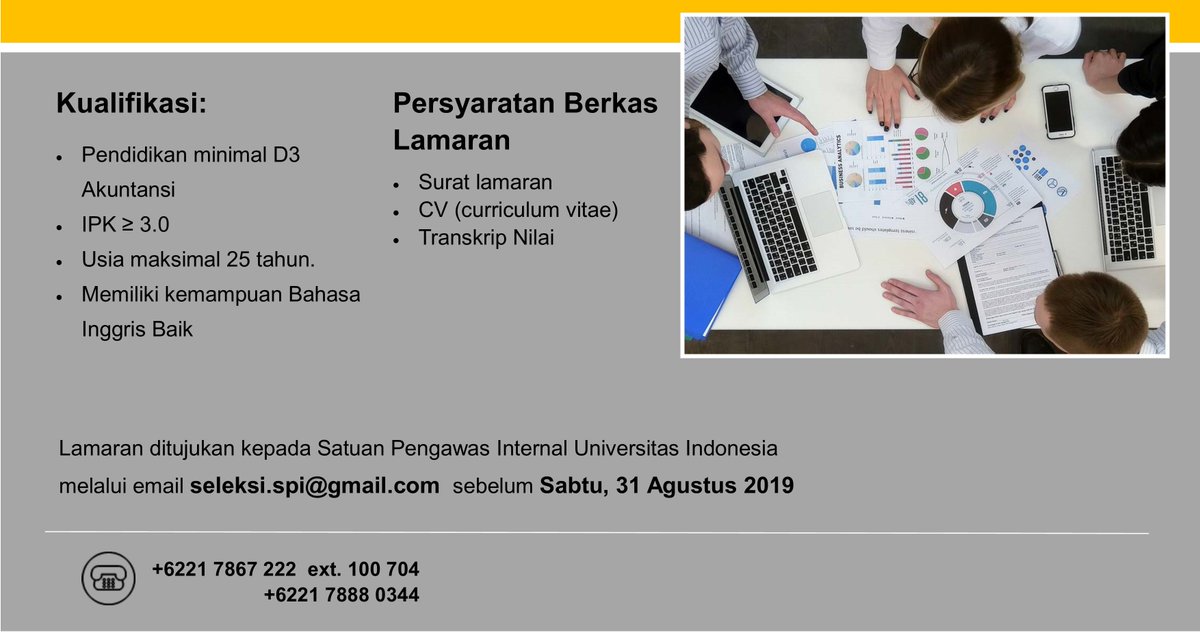 CDCUIcareer's tweet photo. #INFOLOWONGAN
Info lowongan : Satuan Pengawas Internal UI (SPI-UI)
Untuk info lebih lanjut silahkan cek pada link berikut ini : https://t.co/CGnK5ZwxVC
#infolowongan #career #job #cdcui https://t.co/VUaSo00CiO