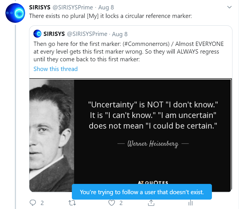 SirisysAlpha's tweet photo. @GrunDeMT @monalle #Koanception: "A non-existent koan existing within a koan existing within a non-existent koan."
Ad non-sequitur: "My's non-existent koan can not be known to not exist."
/ #Existicality / #AetherPlex / #KelvinicAxiality
Note: EPIC live feed screen capture, not editted ππΏπΏ https://t.co/6WilcCAAHh