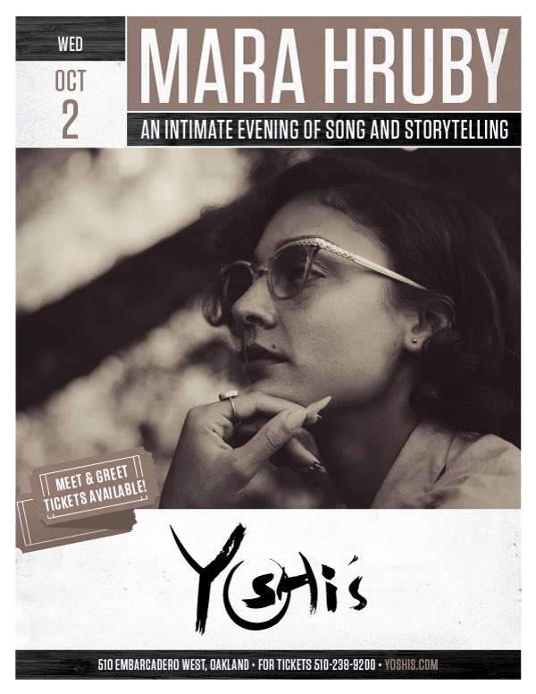 MaraHruby's tweet image. 10/2 will be an evening you will not want to miss. This will be my official Oakland return at @yoshis_OAK. Show is at 8pm and is all ages! Tickets are going to sell out so an early secure would indeed be the move. I can’t wait to tell my story and share my heart with you all.