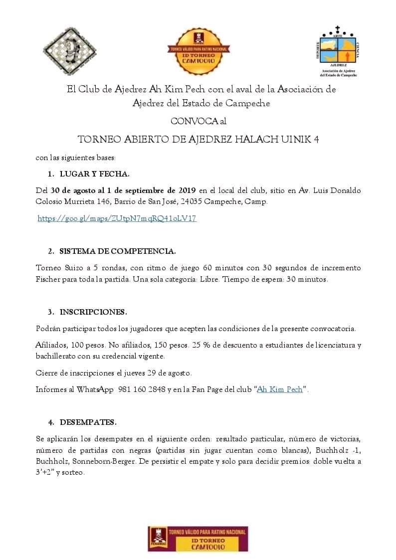 AjedrezAKP's tweet photo. El Club de Ajedrez Ah Kim Pech, con el aval de la Asociación de Ajedrez del Estado de Campeche A C, invita a todos los ajedrecistas a su Torneo Abierto de Ajedrez HALACH UINIK 4, del 30 de agosto al 1 de septiembre de 2019 en San Francisco de Campeche. Válido para rating FENAMAC https://t.co/qtpgBeggnr