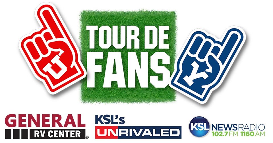 kslsports's tweet photo. Today is Day 5 of @KSLunrivaled's #TourDeFans. 

We will be broadcasting from 7-9 p.m. at Schomp Mercedes in Farmington.

Make sure to spot the RV to find @19scottmitchell
and @AlexKirryKSL.

Did we mention that we are giving away a pair of #BYU vs. #Utah tickets? https://t.co/8HJlwCnPhE