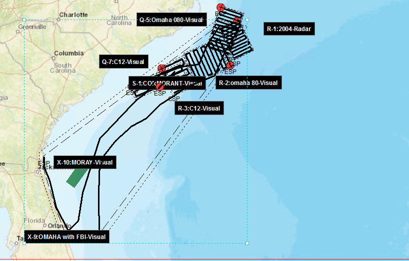USCGSoutheast's tweet photo. #UPDATE 17: @USCG crews will be searching through the night for the overdue @PortCanaveral boaters. The search has covered 90,306 sq miles with an est 249 hrs of active searches. Image shows today’s searches. https://t.co/Ep5LCnRVwu