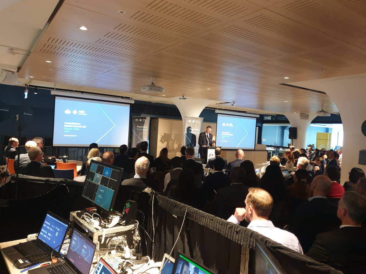 SwitchSharonOn's tweet photo. ASIC Deputy Commissioner Daniel Crennan QC hopes to do himself out of a job. Our financial regulator is incredibly forward thinking in helping industry adopt innovative #regtech tools by showcasing 10 tech demo's #NLP #SydNLProc #ASICregtech19 https://t.co/CBMoLgwZDA