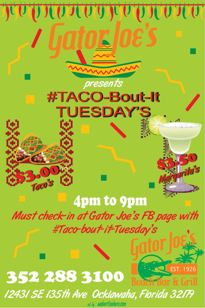 GatorJoes's tweet photo. Starting Monday the 26th we will feature Service industry night every Monday, Taco Tuesday every Tuesday, Kids Eat FREE on Wednesday, Low Country Shrimp Boil on Thursday, and Prime Rib on Friday. Check out the events section on our Facebook page for more details https://t.co/F2PZ1jEz0E