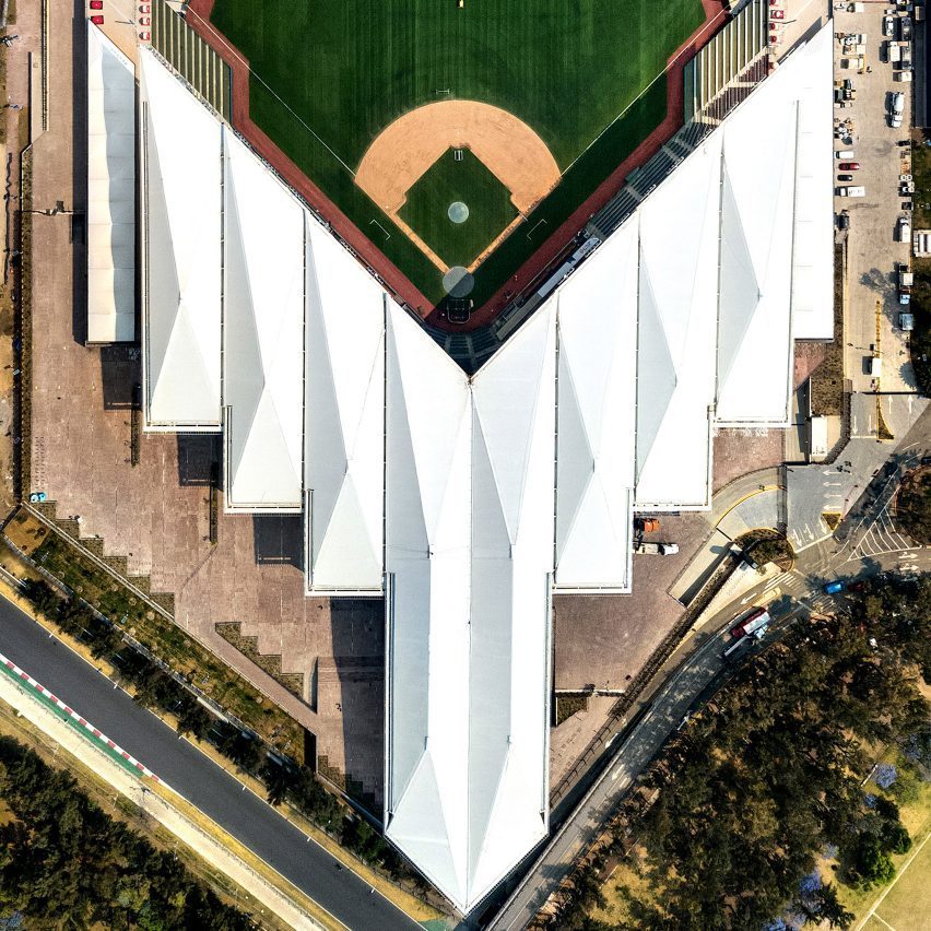 seriousarchitec's tweet photo. Angular white roof covers Mexico City baseball stadium by FGP Atelier and Taller ADG https://t.co/XoZJ3eTJHZ https://t.co/WOEbVHk2Ae