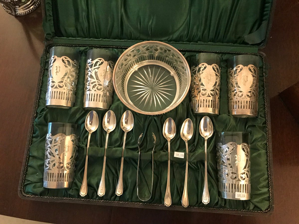 You can be Jay Gatsby with this 1920's Jazz Age sterling silver and crystal cocktail set! Nothing more elegant than this!  Rare to find complete in original case! Don't drink?  Makes perfect iced tea set!  Now in at our gallery. #GreatGatsby #sterling overlay #Drinkingresponsibly
