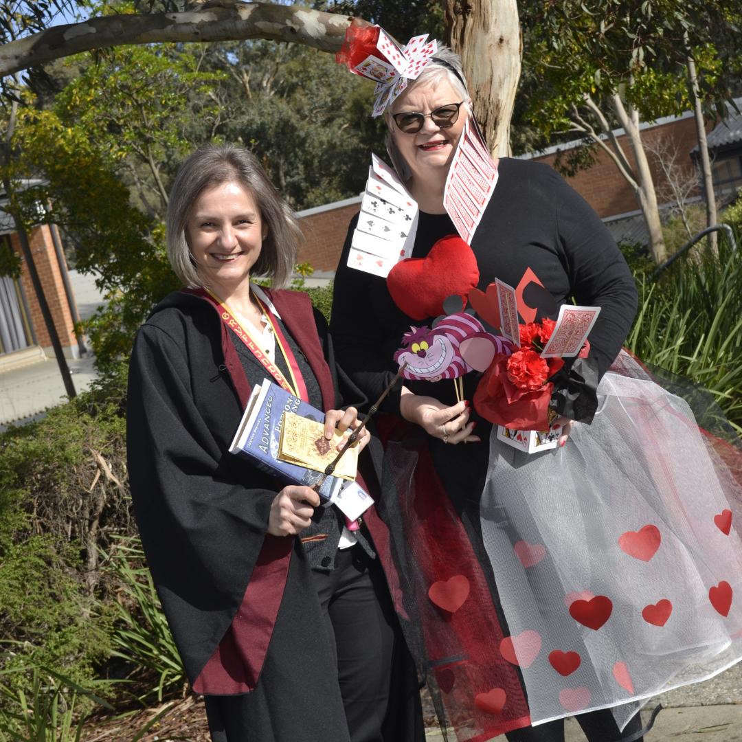 CLCEltham's tweet photo. The Book Week fun has been at CLC all week and today is no exception. We had our passionate Resource Centre team dressing up in the spirit of Book Week with the Queen of Hearts and Hermione Granger paying us a visit. We cannot wait for our Book Week parade at lunchtime. #clcfun https://t.co/fAdpxxIDqw