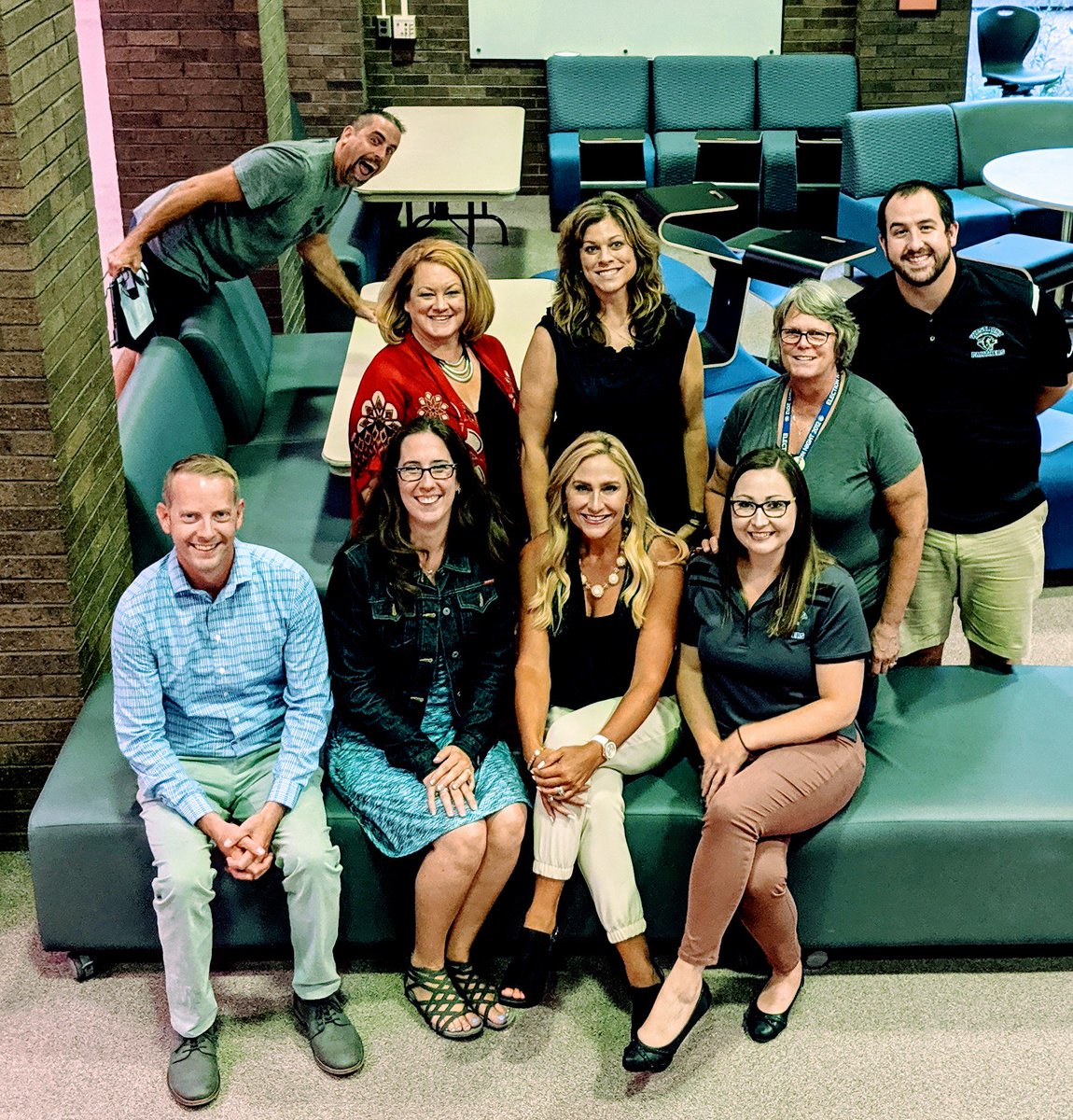 DocJLB's tweet photo. WJHS' 6th grade team (&amp; a photo bomber!) is ready for a great year! Right, @KimberlyHealy6 @meyer4math @KristinLynn73 @m_clarke88? Let's do this! #wjhspantherpride https://t.co/lkyHljG98T