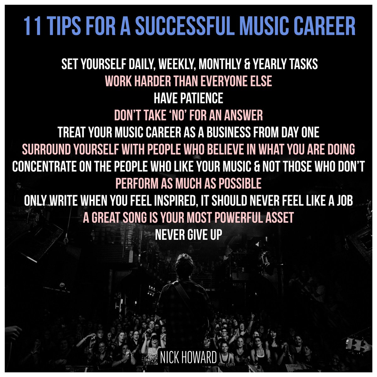 nickhowardmusic's tweet photo. I was recently asked to share my advice for young artists in the music biz. The answer seemed to be well received so here it is in fancier form :) Share if u like it!

#music #musicindustry #musicindustrytips #music101 #musicbusiness #musicbusiness101 #musicbiz #artistdevelopment https://t.co/IWdphu7V7W