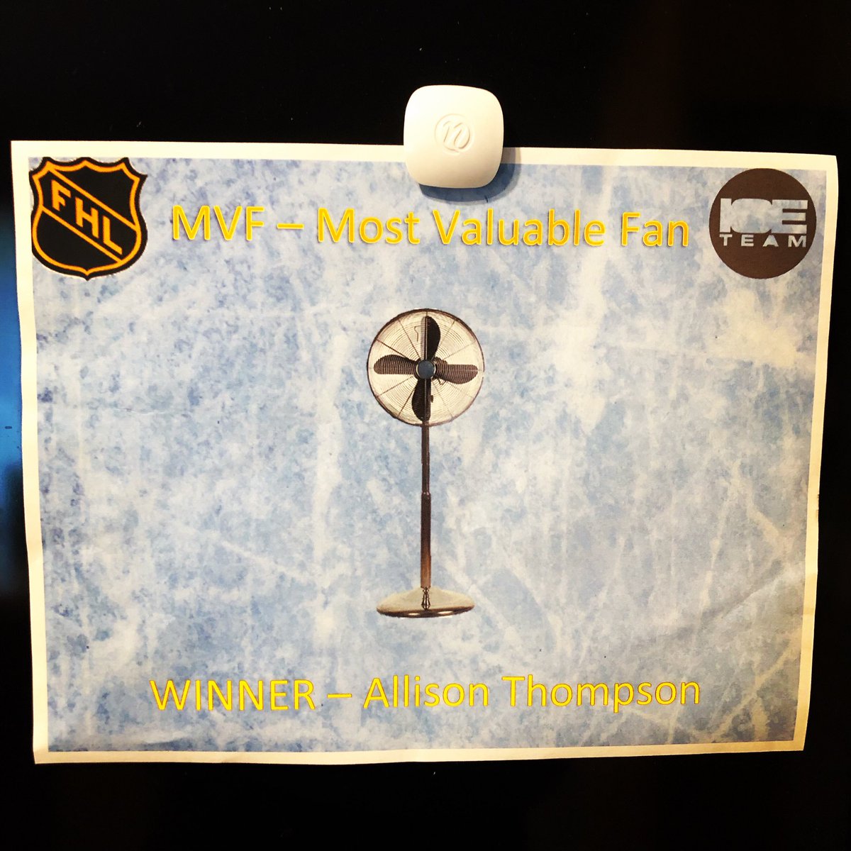 amthmpsn's tweet photo. Honored to have received the prestigious Most Valuable Fan award for this year’s Wild Employee Floor Hockey League in recognition of my elite score keeping talents. 😂🏒🥅 #fhl #ikeepscore Honestly just glad I didn’t have to design it myself. https://t.co/Cd7NTo8VoH