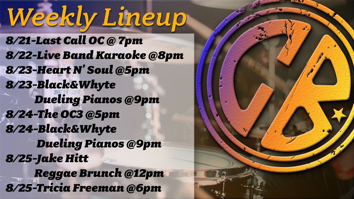 CopperBluesBrea's tweet photo. Weekly lineup for August 21-25! 
#livemusic #copperbluesbrea #breadowntown #downtownbrea #orangecounty #foodie #foodporn #instafood #instagood #delicious #foodlover #tasty #foodies #foodstagram #instadaily #nomnom #forkyeah #happyhour #ocfoodie #datenight #nightlife #brunch https://t.co/KjD9hIA1vK