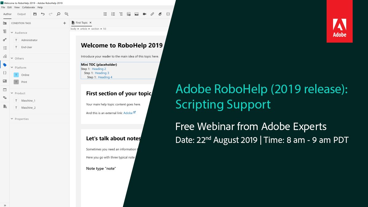 kssagar's tweet image. RT Get started with scripting in RoboHelp (2019 release)!
Tomorrow at 8 am PDT / 5 pm CEST, we are hosting a Free #Webinar on how to support scripting with #RoboHelp. Sign up to join the session: adobe.ly/2Zid5bx
#AdobeRoboHelp #RoboHelp2019 #Te…