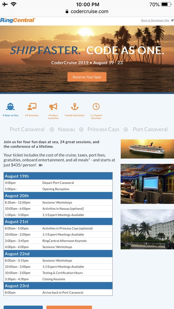 RingCentralDevs's tweet image. Another awesome day @CoderCruise 🛳!! The @RingCentral team can’t wait to see all the sessions and all of you tomorrow! P.S. don’t forget we have expert 1:1 sessions available and testing & certification happening tomorrow - make sure to join us 😊🎉! #codercruise #developers