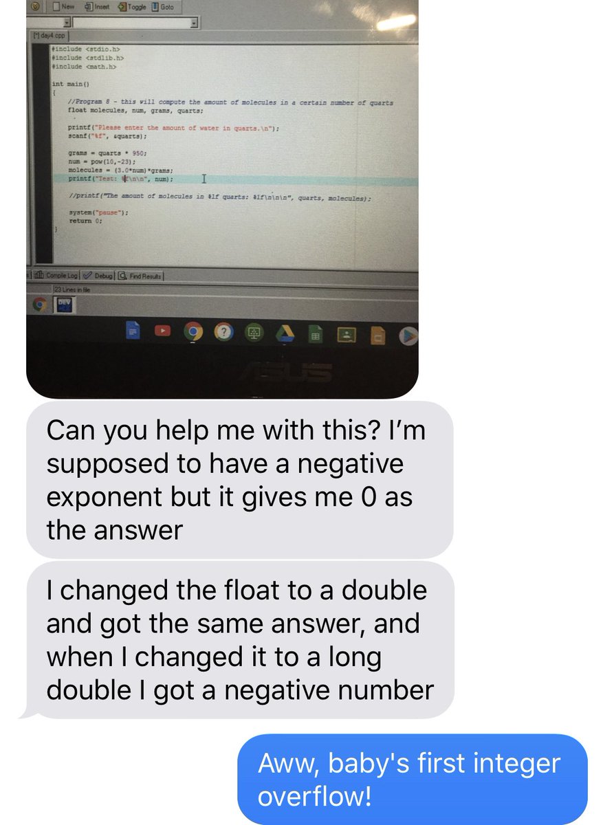 ErinIshimoticha's tweet image. Today my 14yo daughter and I troubleshot her C homework and fixed an overflow and a printf formatting error. I'm so proud of her! 😍 #GirlsWhoCode #NativesInTech