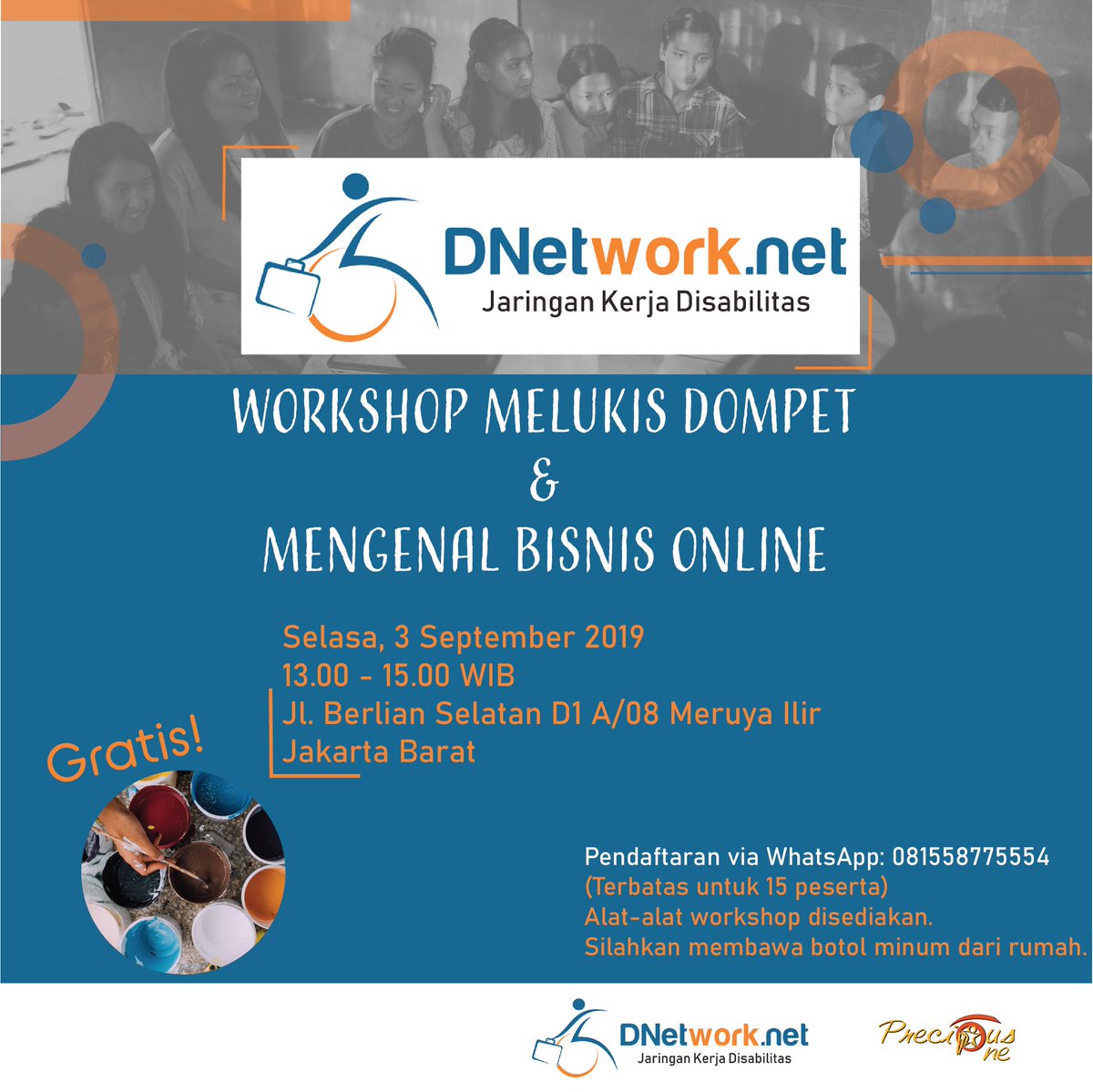 dnetworknews's tweet photo. *Workshop Melukis & Mengenal Bisnis Online bersama DNetwork dan Precious One*
Selasa, 3 September 2019
13.00 - 15.00 WIB Jl. Berlian Selatan D1 A/08 Meruya Ilir Jakarta Barat
Terbatas untuk 15 peserta
#Temu #Pencari #Kerja #Jakarta #DNetwork #Kerja #Disabilitas #Bisnis #Online https://t.co/GyoqDG3Y6y